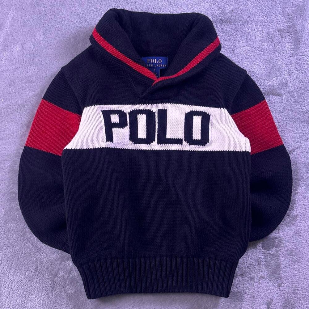 Polo Ralph Lauren Shawl Collar Sweater Boys Size 5 Black Red Big Logo Knit